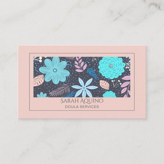Carte De Visite Main Whimsical Tirée Floral Rose Turquoise Doula (Devant)