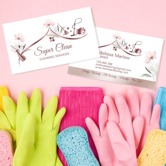 Carte De Visite Maison de ménage rose étincelant or fleuri