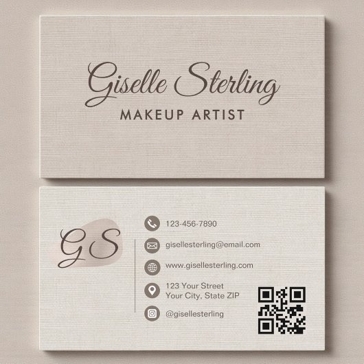 Carte De Visite Makeup Artist Beige Linen Modern Elegant QR Code