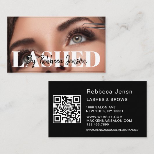 Carte De Visite Makeup Artist Eyelash Lashes Black & White script (Devant / Derrière)