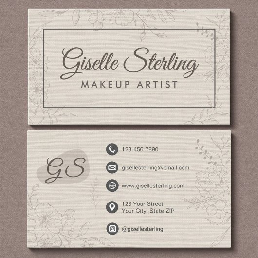 Carte De Visite Makeup Artist Neutral Linen Floral Elegant Script