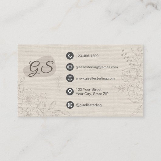 Carte De Visite Makeup Artist Neutral Linen Floral Elegant Script (Dos)