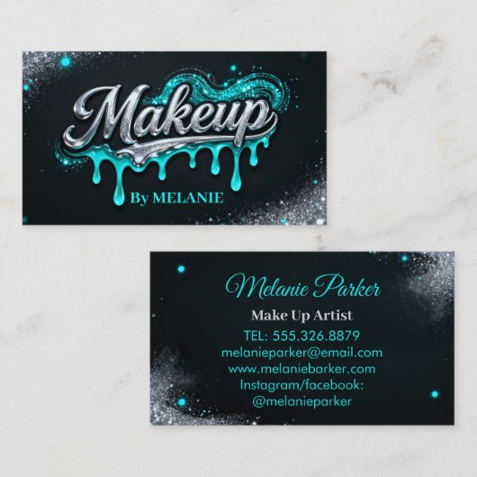 Carte De Visite Makeup Artist Teal Silver Drips Trendy Glitter (Devant / Derrière)