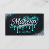 Carte De Visite Makeup Artist Teal Silver Drips Trendy Glitter (Devant)