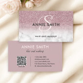 Carte De Visite Makeup Monogram Marble Rose Gold Glitter Ombre QR