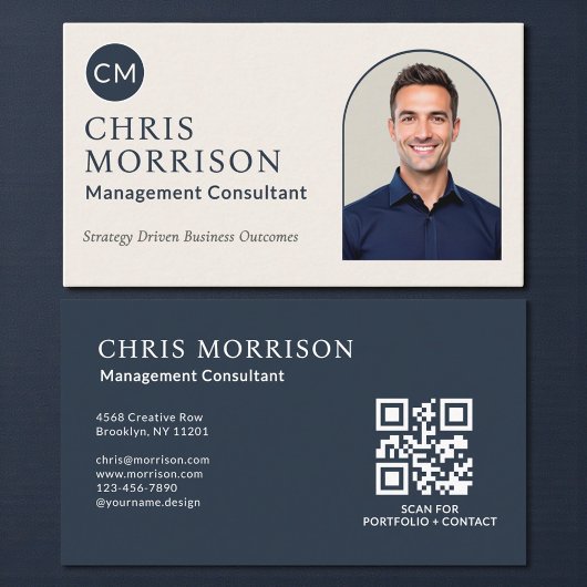 Carte De Visite Management Consultant Photo QR Code Navy Blue