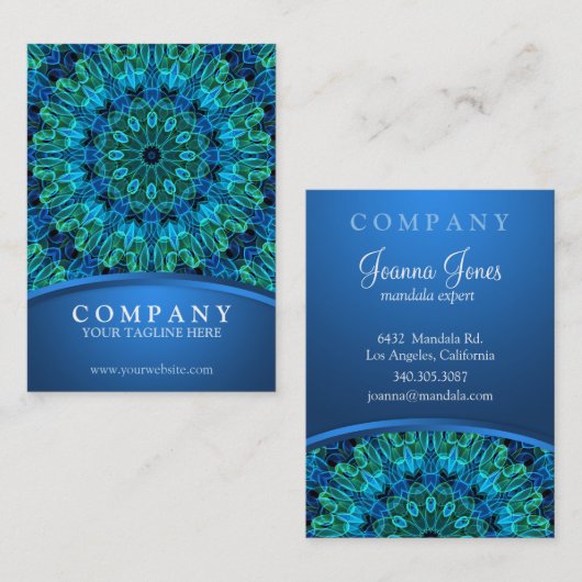 Carte De Visite Mandala bleu et vert de gemmes (Devant / Derrière)