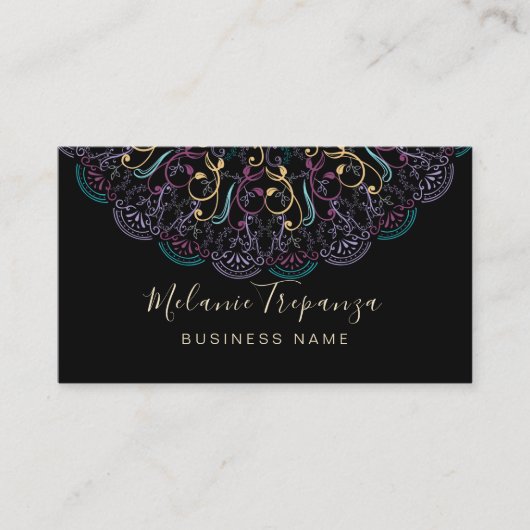 Carte De Visite Mandala floral boho en noir pour professionnel (Devant)