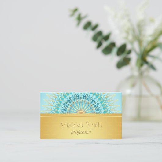Carte De Visite Mandala QR Code Gold Turquoise (Debout devant)