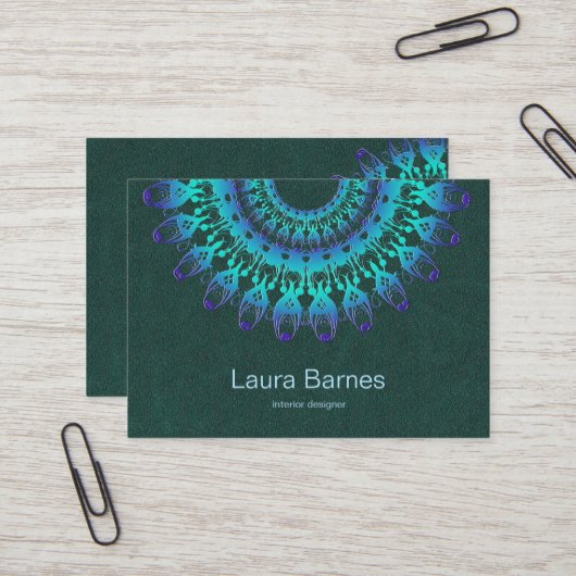 Carte De Visite mandala turquoise ethnique. Texte (Devant/Arrière en situation)