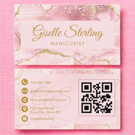 Carte De Visite Manicurist Blush Pink Gold Agate QR Code
