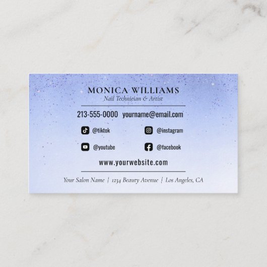 Carte De Visite Manicuriste ongle Tech Blue Glam Parties scintilla (Dos)