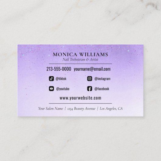 Carte De Visite Manucure à ongles Tech violet Parties scintillant  (Dos)