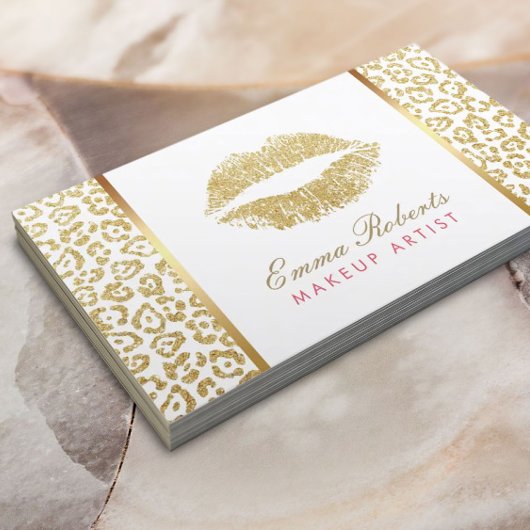 Carte De Visite Maquillage Artiste Gold Lips Empreinte de léopard