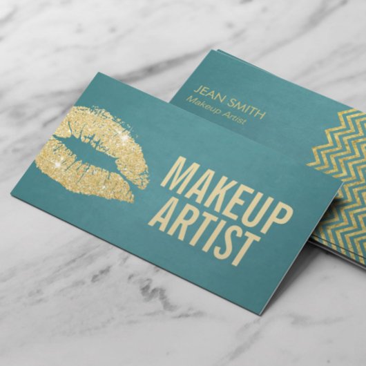 Carte De Visite Maquillage Artiste Gold Lips Moderne Turquoise