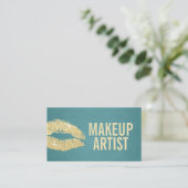 Carte De Visite Maquillage Artiste Gold Lips Moderne Turquoise (Debout devant)