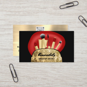 Carte De Visite Maquillage Artiste Gold QR Code Logo Brosses Rouge