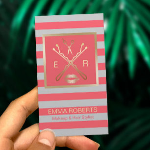 Carte De Visite Maquillage Artiste Hair Styliste Coral & Grey Stri