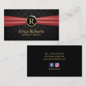 Carte De Visite Maquillage Artiste Or Monogramme Rouge Ruban Luxe (Devant / Derrière)