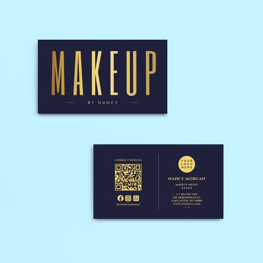 Carte De Visite Maquillage Artiste QR Code Et Logo Marine & Gold
