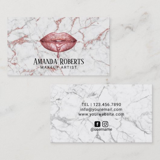 Carte De Visite Maquillage Artiste Rose Lèvres à goutte d'or Marbr (Devant / Derrière)