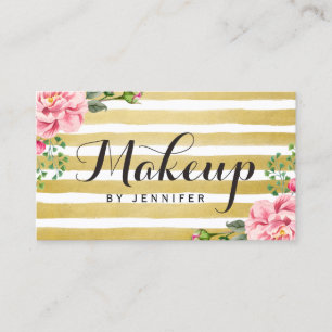 Carte De Visite Maquillage Artiste Script Classy Floral Gold Strie