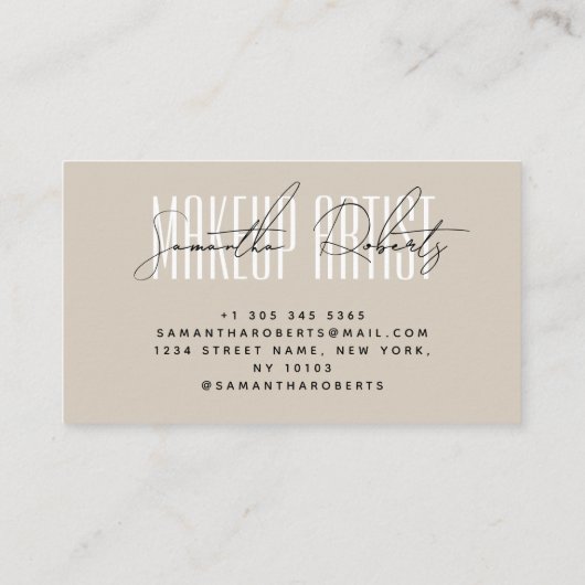 Carte De Visite Maquillage artiste typographie moderne script beig (Dos)