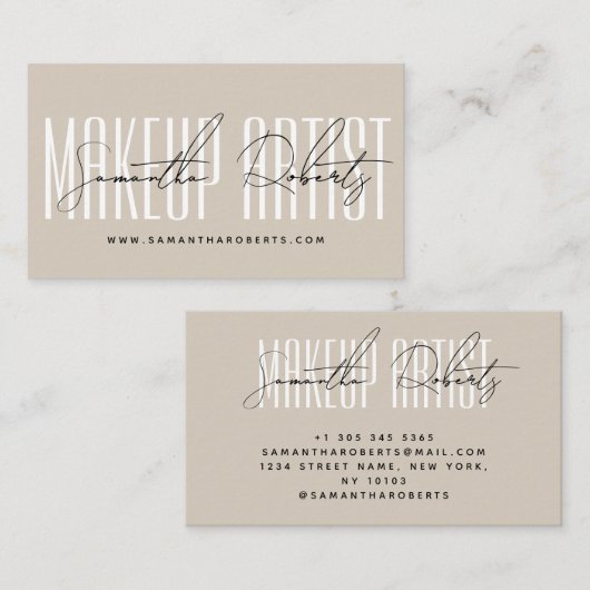 Carte De Visite Maquillage artiste typographie moderne script beig (Devant / Derrière)