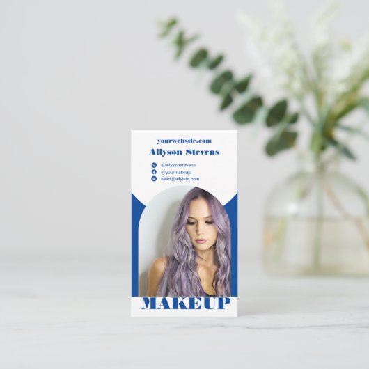 Carte De Visite Maquillage bleu arc boho photo qr code logo (Debout devant)