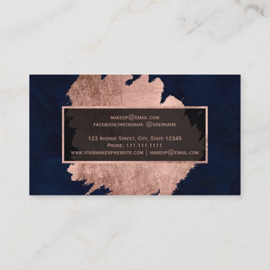 Carte De Visite Maquillage bleu marine rose moderne en or brosse (Dos)