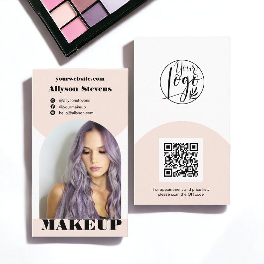 Carte De Visite Maquillage d'arc moderne rose photo qr code logo