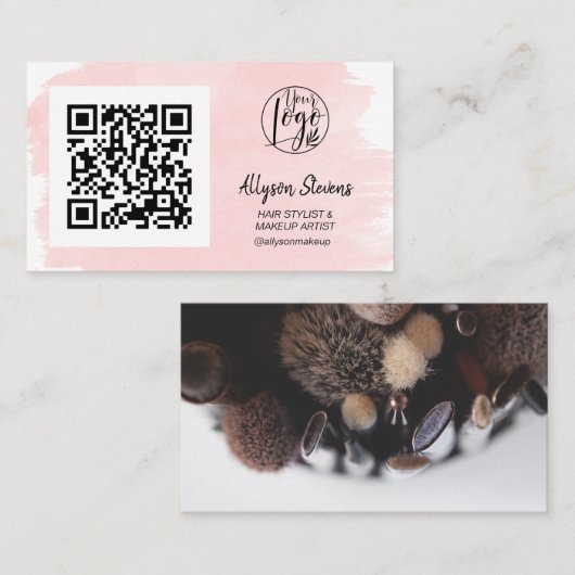 Carte De Visite Maquillage de cheveux rose brosse photo qr code lo (Devant / Derrière)