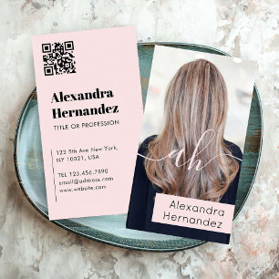 Carte De Visite Maquillage de cheveux rose Monogramme photo Code Q