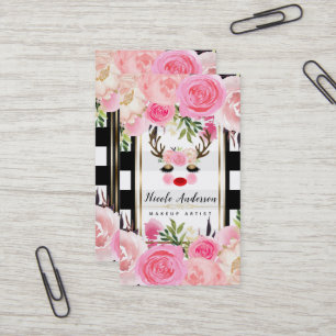 Carte De Visite Maquillage de Renne Paillettes Dorées Yeux Rose Fl