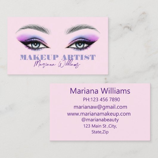 Carte De Visite maquillage de script violet yeux d'artiste rose (Devant / Derrière)