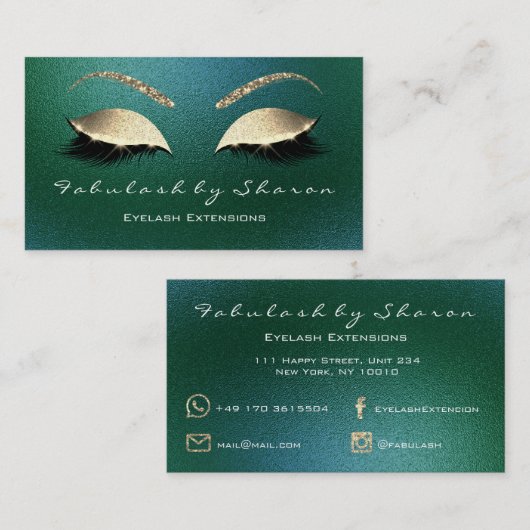 Carte De Visite Maquillage Eyebrow Lashes Parties scintillant Vert (Devant / Derrière)