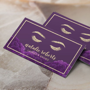 Carte De Visite Maquillage Eyelash Artiste Cadre Or Purple Floral