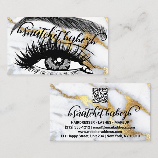 Carte De Visite Maquillage Eyelash Brows Logo QRCode Marbre Or Bla (Devant / Derrière)