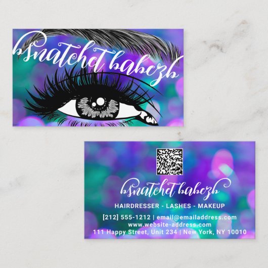 Carte De Visite Maquillage Eyelash Broyage Code QR Purple (Devant / Derrière)