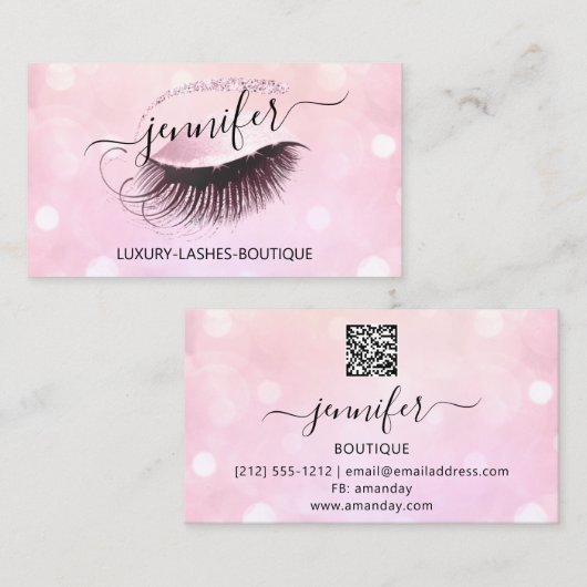 Carte De Visite Maquillage Eyelash QR Code Parties scintillant ros (Devant / Derrière)