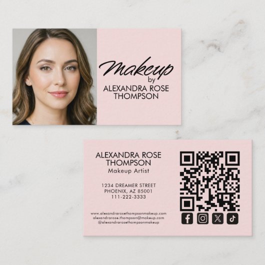 Carte De Visite Maquillage Icône Sociale Code Qr Écriture Blush Ro (Devant / Derrière)