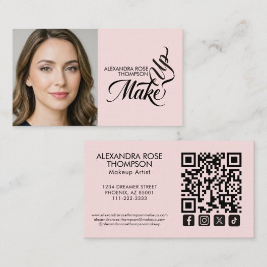 Carte De Visite Maquillage Icône Sociale Code Qr Script Rose Foncé (Devant / Derrière)