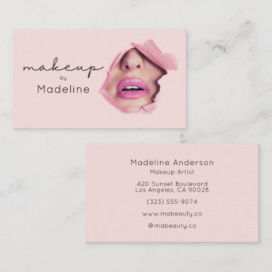 Carte De Visite Maquillage Moderne Rose Pâle Noir Script (Devant / Derrière)