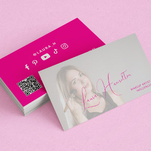 Carte De Visite Maquillage photo personnalisé rose chaud QR CODE