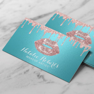Carte De Visite Maquillage Rose Gold Drips Turquoise Salon