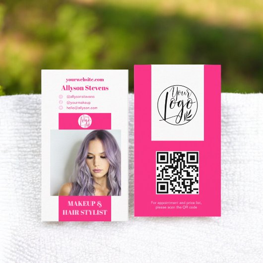 Carte De Visite Maquillage rose néon moderne cheveux photo qr code
