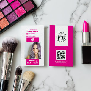 Carte De Visite Maquillage rose néon moderne cheveux photo qr code