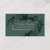 Carte De Visite Maquillage vert floral de feuille d'aquarelle d'or (Devant)