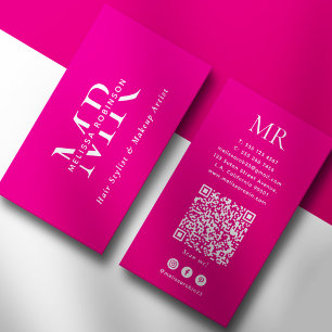 Carte De Visite Maquilleuse Rose Chaud Monogramme Blanc & Code QR