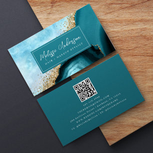 Carte De Visite Marble Agate Turquoise Gold Parties scintillant QR